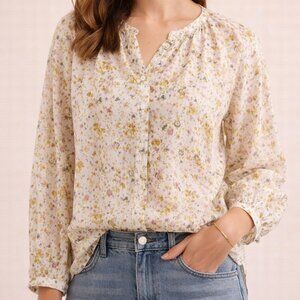 J.Crew Cotton-Voile Soft Posies Floral Blouse Cream Button Front M